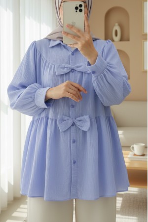 Önü Fiyonk Detaylı Parçalı Gömlek -Bebe Mavi