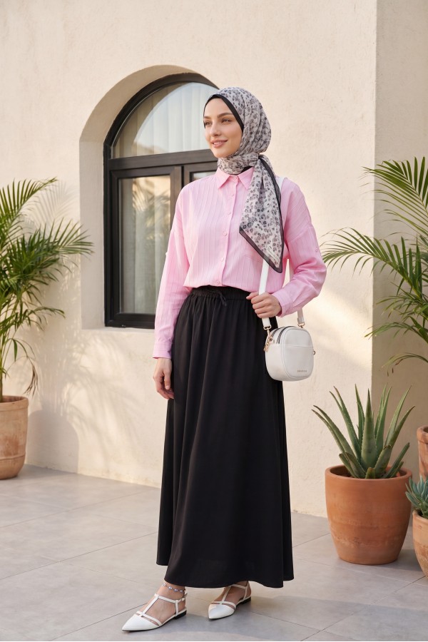 Tencel Skirt with Elastic Waistband, Drawstring Detail, and Pockets -Black