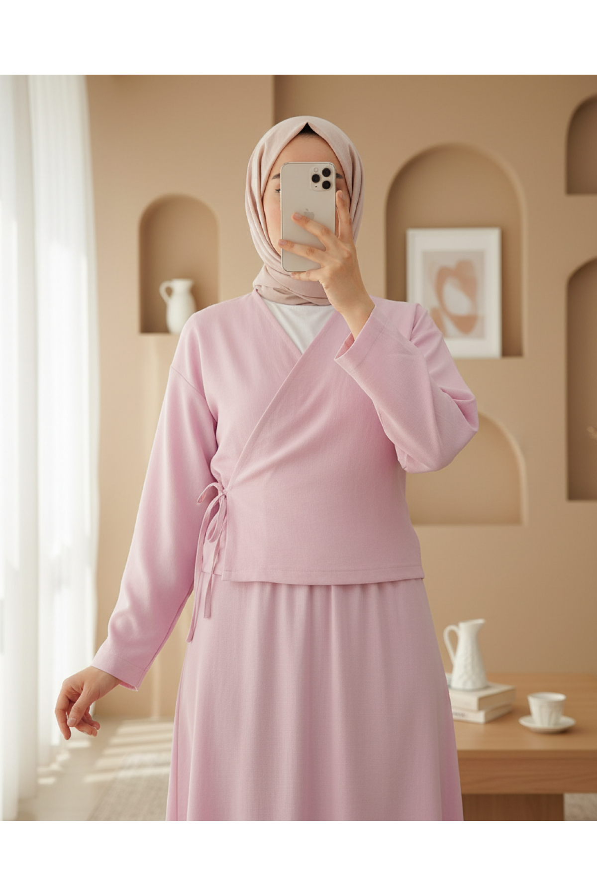 Linen Suit with Side Tie Skirt  -Powder
