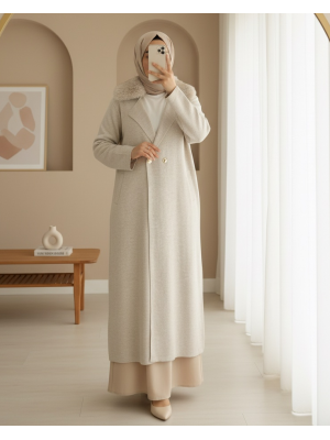 Yakası Kürklü Çift Düğmeli Uzun Triko Hırka -Taş