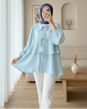 Peter Pan Collar Kimono with Tied Front and Layered Skirt -Baby Blue