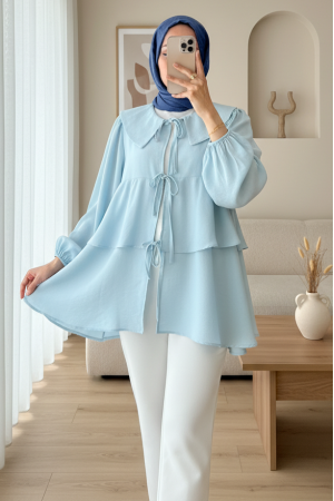 Bebe Yaka Önü Bağcıklı Eteği Katlı Kimono -Bebe Mavi