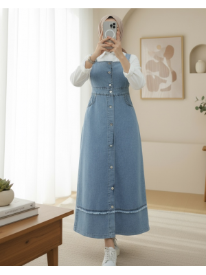 Eteği Püskül Detaylı Önü Düğmeli Cepli Kot Salopet -Buz Mavi