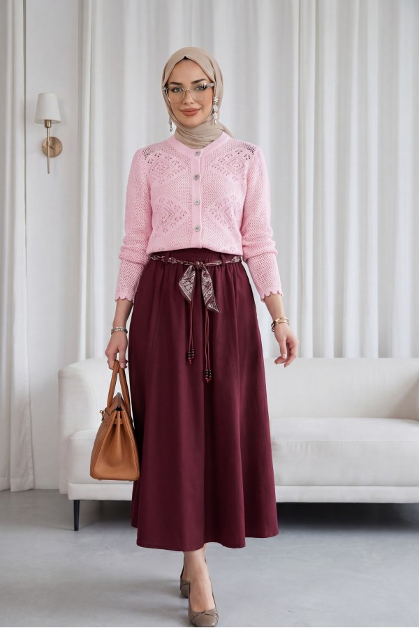 Geometric Patterned Openwork Buttoned Knit Cardigan -Powder