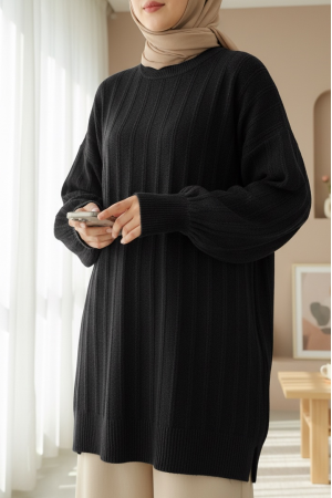 Fitilli Yırtmaçlı Yumoş Triko Tunik -Siyah