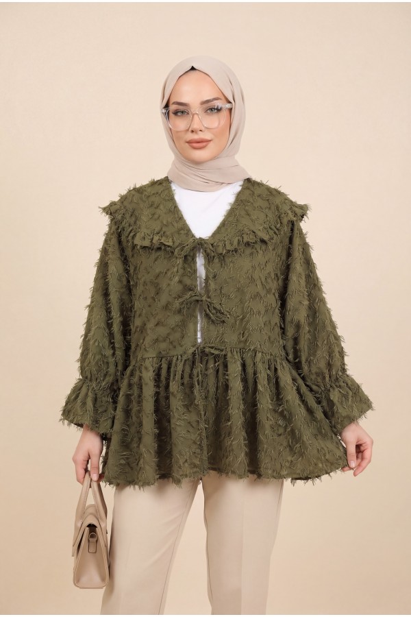 Önü Bağcıklı Tüylü Dokulu Clip Jakar Kimono -Haki