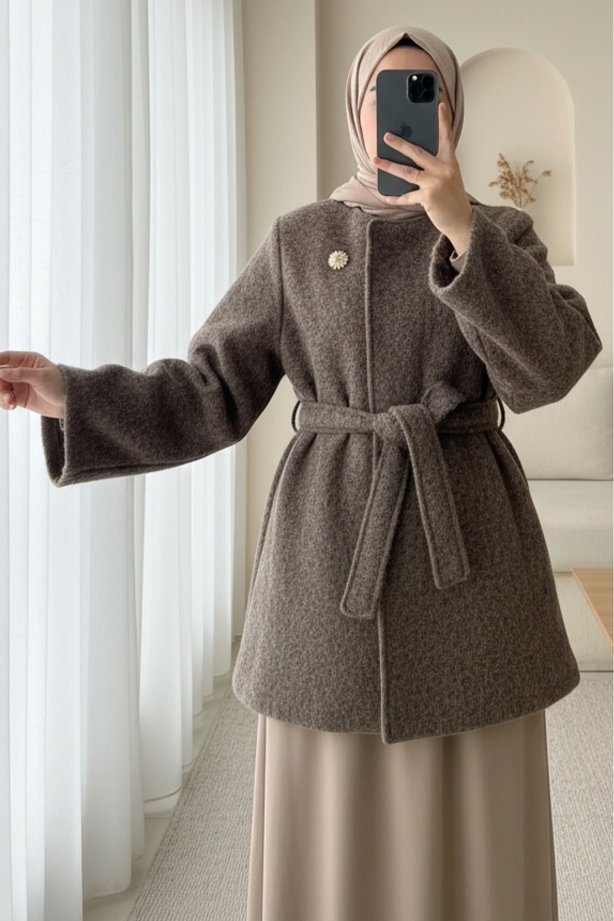 Lined Single-Button Belted Bearded Cape -Brown