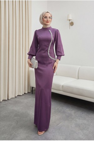 Kol Manşeti Fermuarlı Taş Detaylı Saten Abiye -Leylak