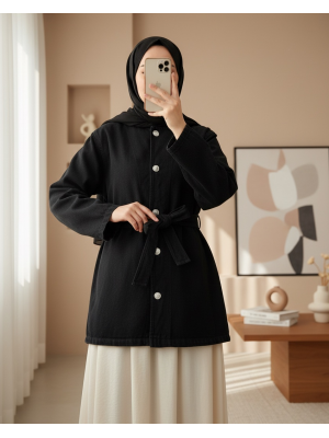 Belted Buttoned Round Neck Denim Jacket -Black