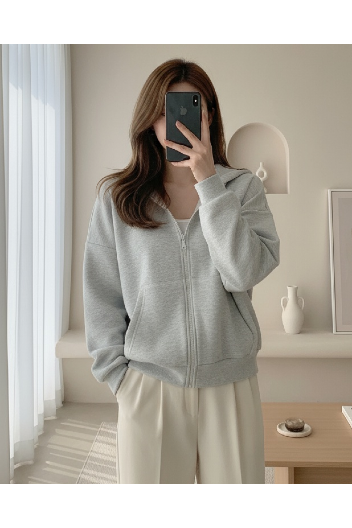 Elastic Skirt Hooded Written Sweat -Grey