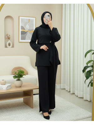 Önü Çapraz Bağlamalı Yırtmaçlı Scuba Takım  -Siyah