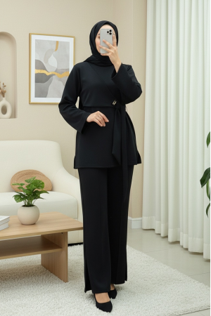 Önü Çapraz Bağlamalı Yırtmaçlı Scuba Takım  -Siyah