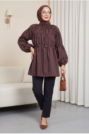 Kolları Lastikli Papatya Detaylı Poplin Tunik -Mürdüm