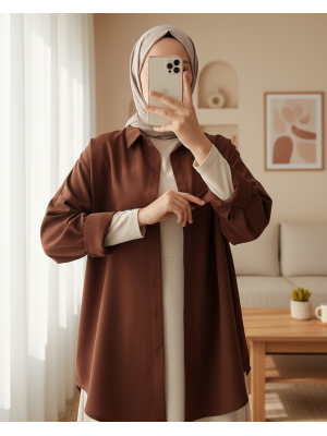 3900 Oversize Uzun Basic Gömlek - Kahverengi