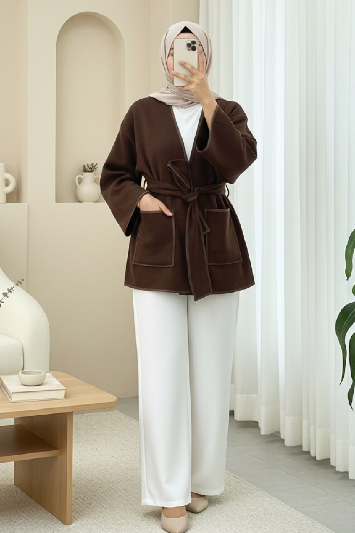 Biye Detaylı Çift Cepli Kuşaklı Kaşe Kimono -Kahve