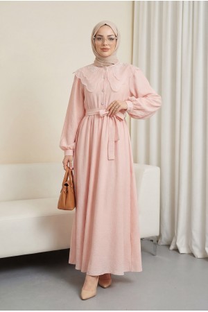 Organze Bebe Yaka Taş Düğmeli Krinkıl Elbise -Somon