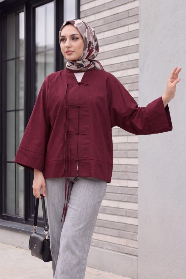 Chinese Knot Closure Mandarin Collar Parachute Kimono -Damson