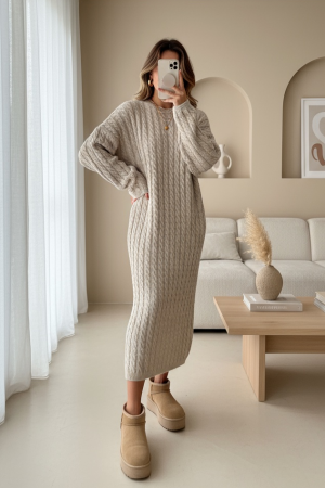 Saç Örgü Triko Elbise -Taş