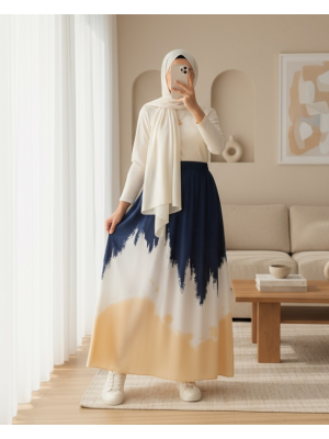 8025 Desenli Uzun Viskon Etek - Lacivert