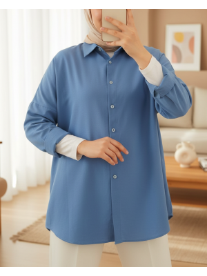 103901 Oversize Basic Tesettür Gömlek - İndigo