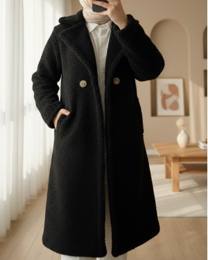 Double Buttoned Lined Plush Coat with Side Pockets -Black