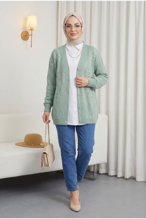 Openwork Floral Embroidered Buttoned Knitwear Cardigan -Mint Color