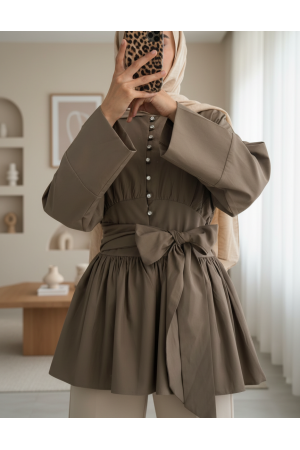 Beli Bağcıklı Boydan Taş Düğmeli Tunik -Açık Kahve