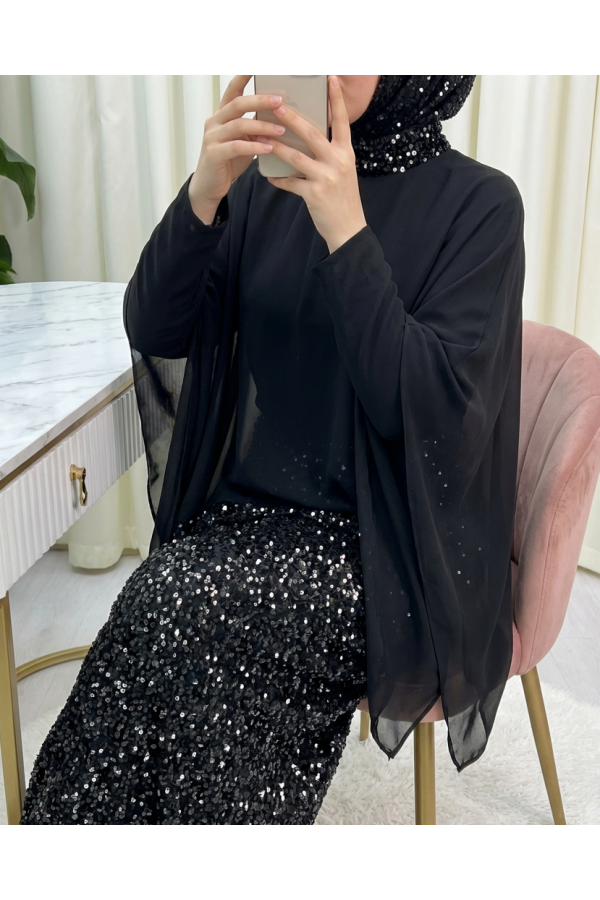 Cape Dress with Sequin Details on the Neckline and Hem -Black