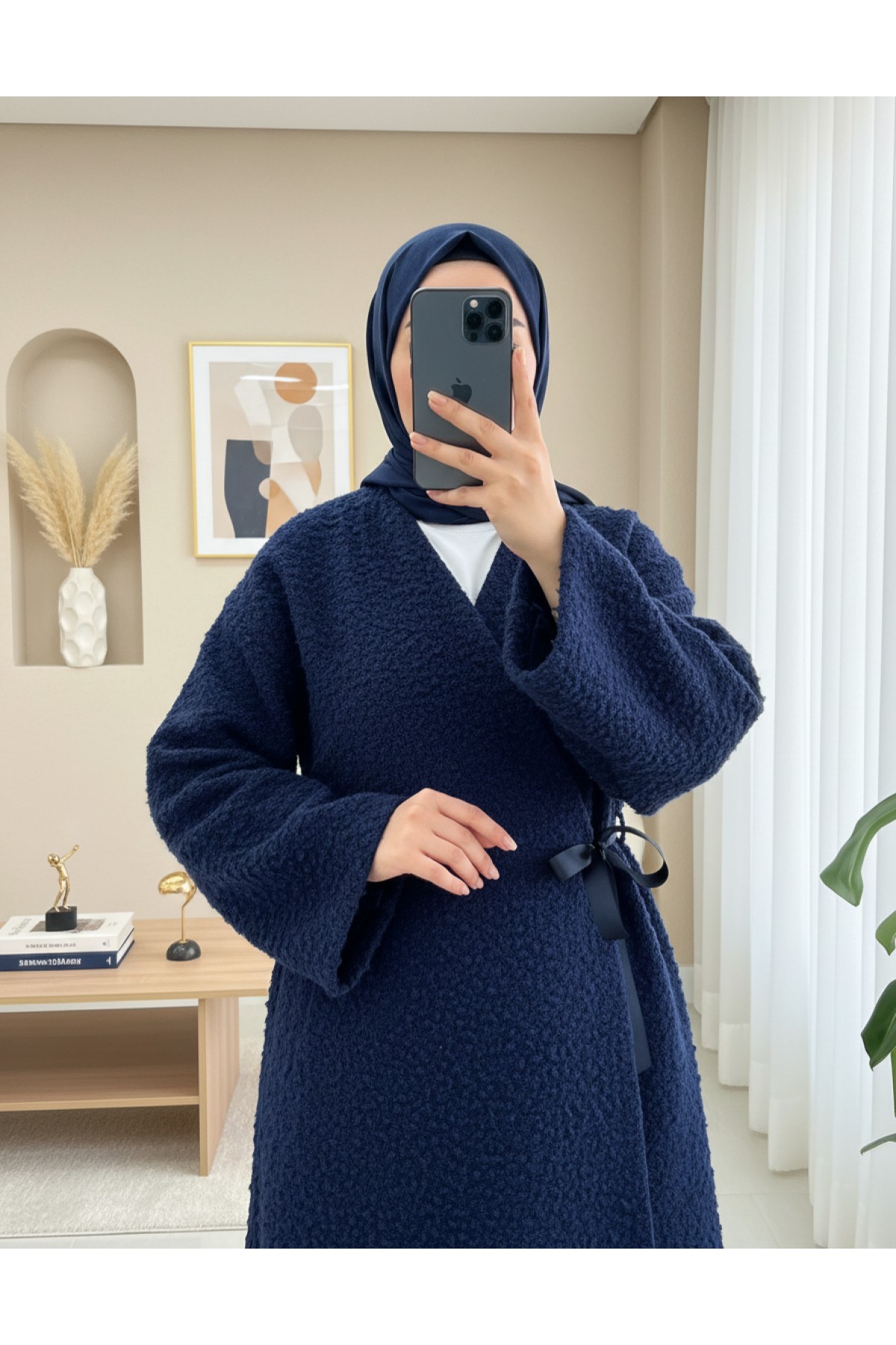 Side Tie Boucle Kimono   -Navy blue