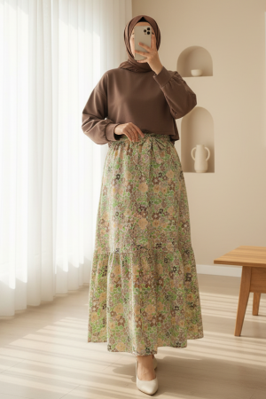 Çiçek Desenli Kemerli İkili Takım -Kahve