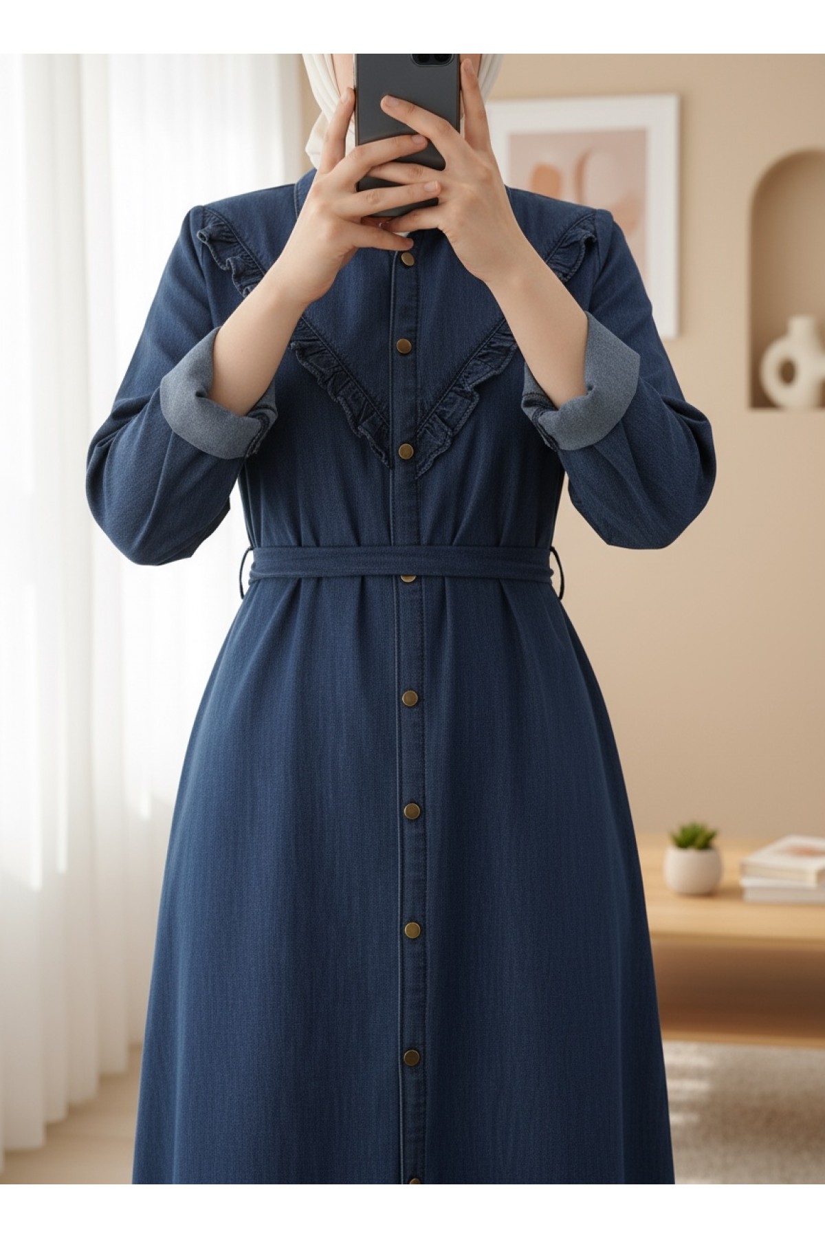 Buttoned Lace-Up Denim Dress-İndigo