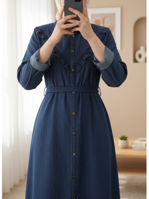 Boydan Düğmeli Beli Bağlamalı Kot Elbise -İndigo