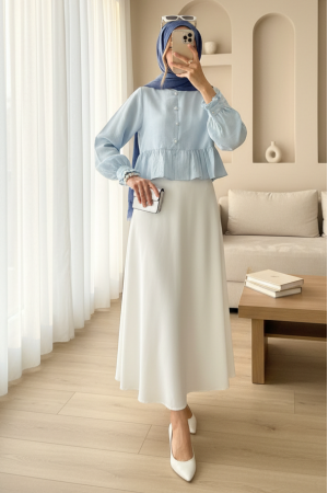 Eteği Ve Kolu Fırfırlı Taşlı Düğmeli Modal Kumaş Gömlek -Bebe Mavi