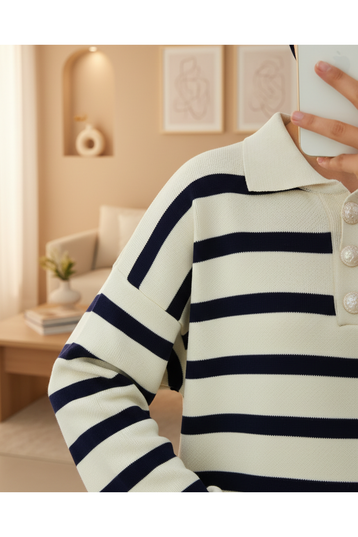Polo Collar Buttoned Striped Knitwear Suit -Navy blue