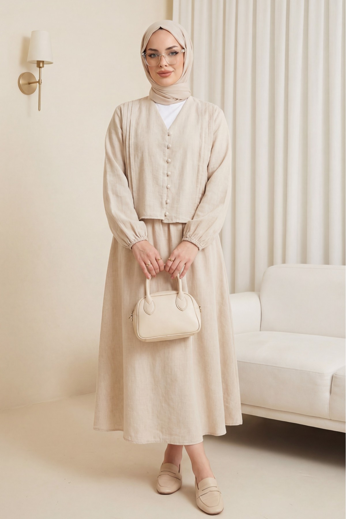 V-Neck Button-Front Pleated Detail Linen Suit -Stone