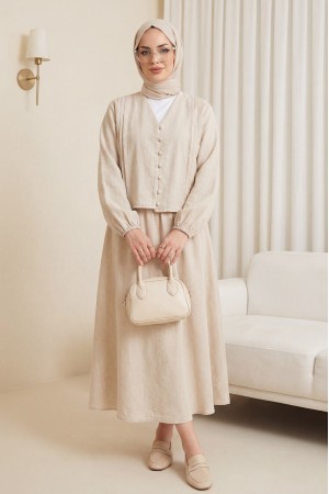 V Yaka Önü Düğmeli Plise Detaylı Keten Takım -Taş