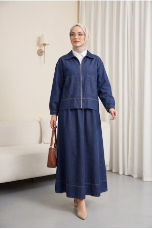 Önü Fermuarlı Çift Cepli Etekli Kot Takım  -K.Laci