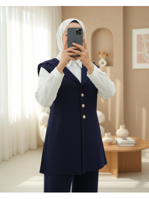 Düğmeli V Yaka Yelek Pantolon Triko Takım -Laci