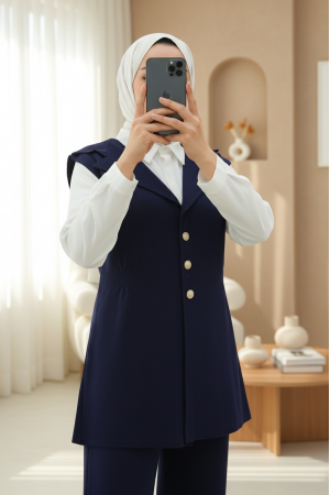 Düğmeli V Yaka Yelek Pantolon Triko Takım -Laci