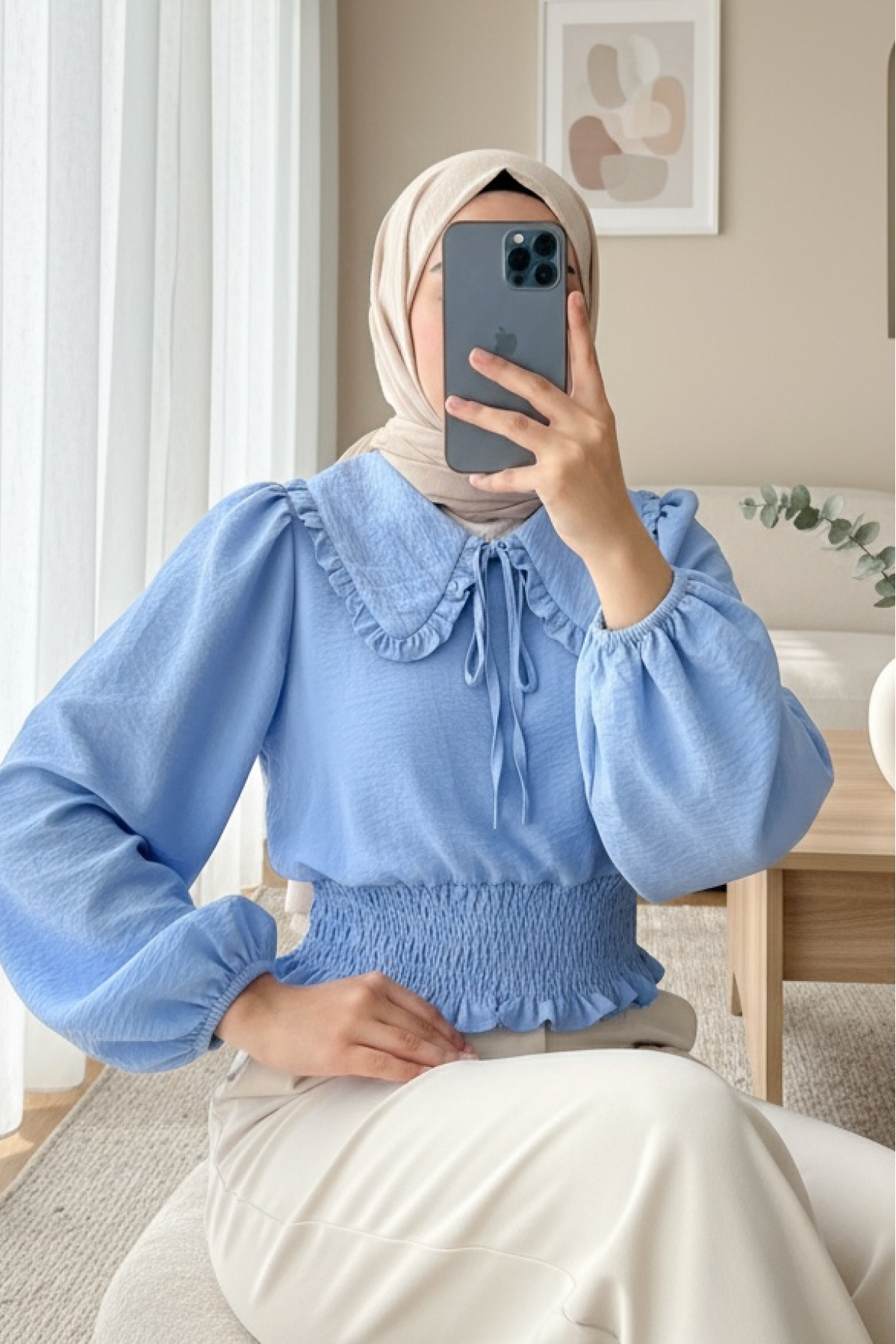 Beli Lastikli Bebe Yaka Uzun Kol Bluz -Mavi