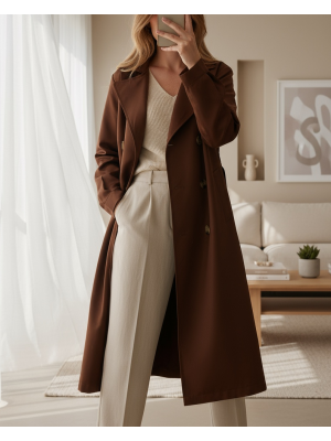 5853 Kruvaze Yaka Trençkot - Kahverengi