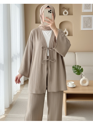 Önü Çift Bağcıklı Pantolonlu Krınkıl Takım  -Vizon