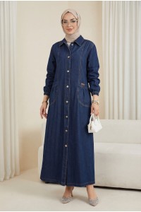 Metal Button Long Denim Coat with Pocket Pouch  -Navy blue