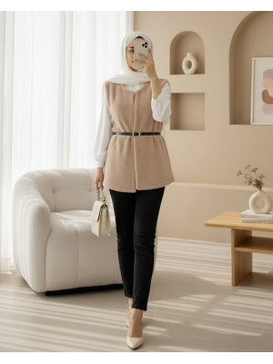 Beli Kemerli Çift Cepli Astarlı Peluş Yelek -Bej