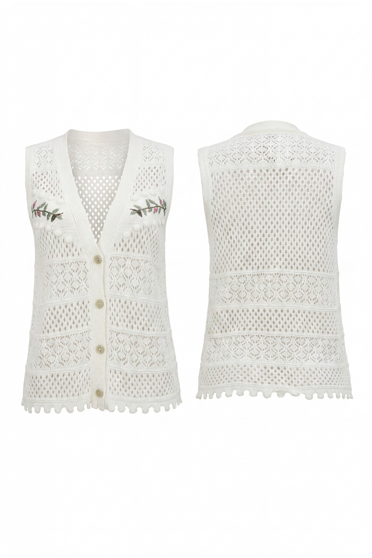 Leaf Embroidered Openwork Pom-Pom Knitted Vest -Ecru
