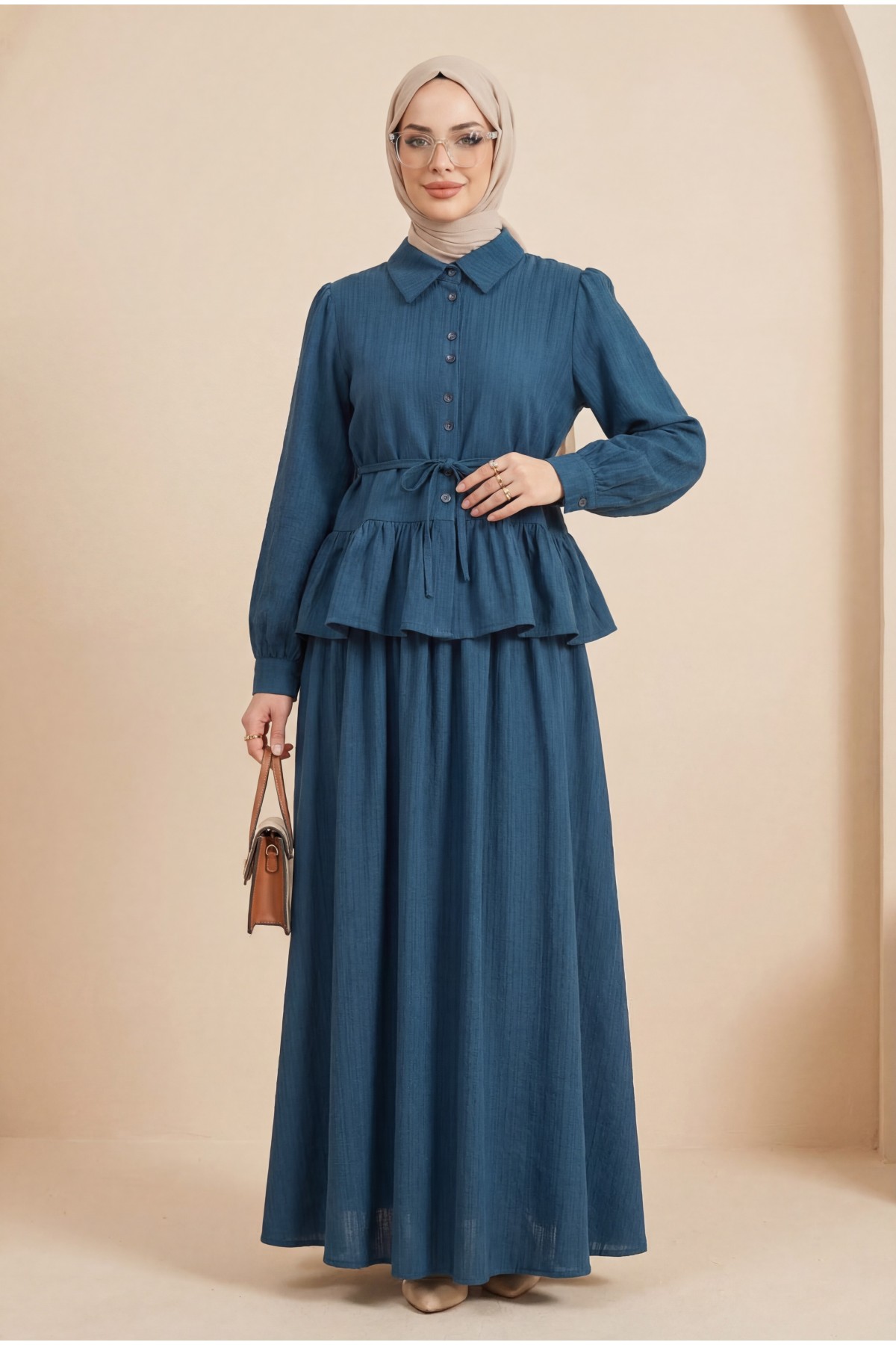 Skirt Suit with Frilled Buttons and Tied Waist  -Navy blue detay görseli