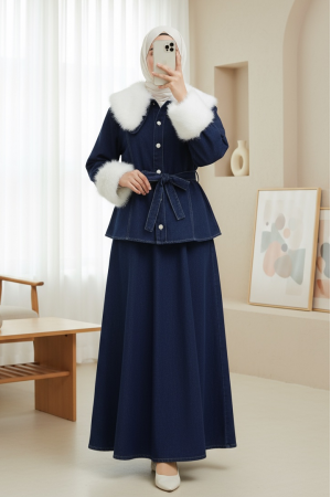 Yakası Ve Kolları Kürklü Beli Kuşaklı Bebe Yaka Kot Takım -Laci