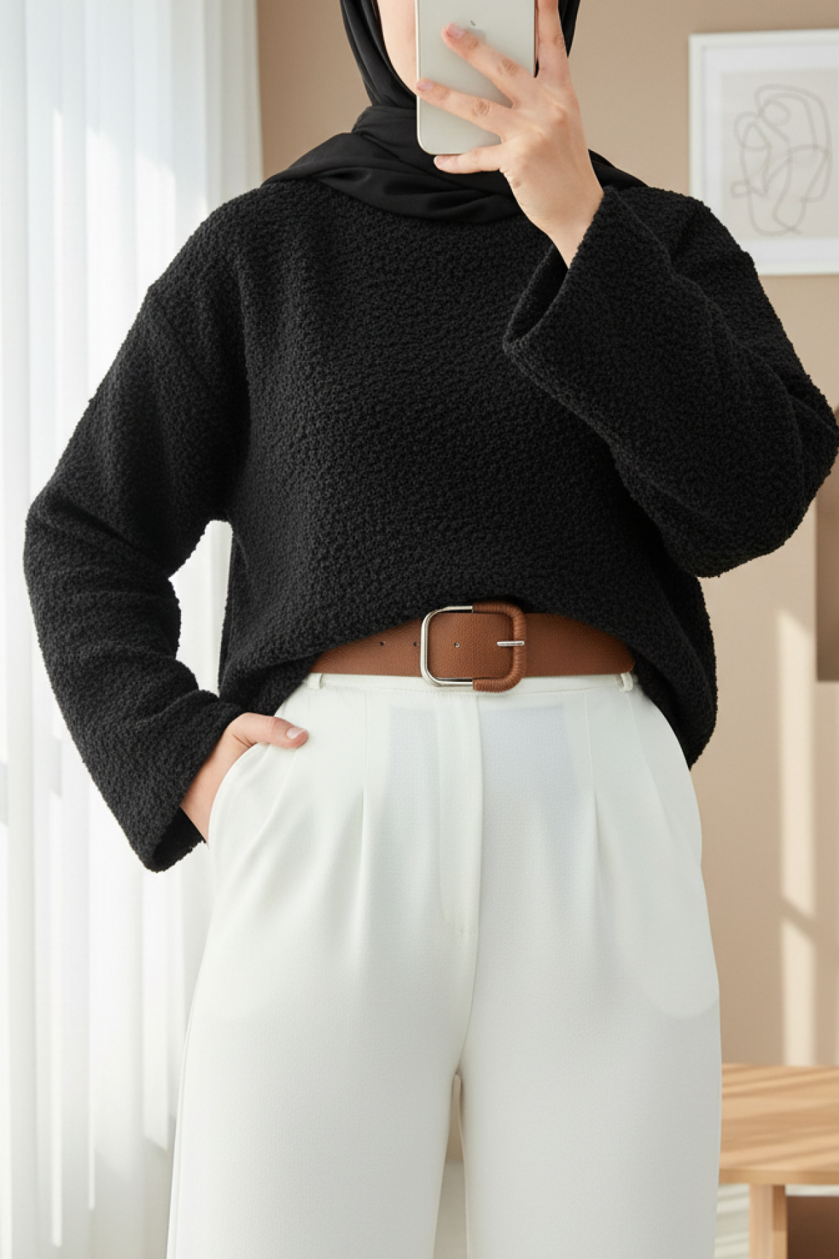 Thick  Belted Boucle Sweater -Black