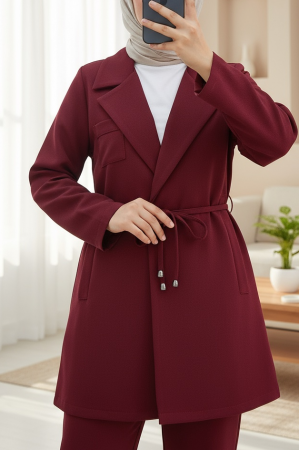 Kruvaze Yaka Çift Bağcıklı Ceket Pantolon Takım -Bordo