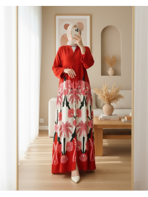 2423 Otantik Desenli Tesettür Elbise - F.Bordo